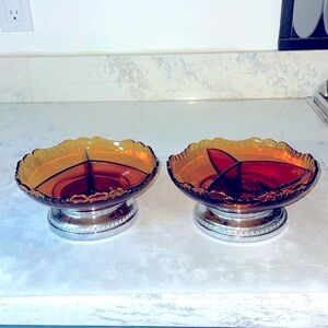 Pair of Farber Bros. Krome Kraft 3 Section Divided Dishes Vintage Amber Pristine